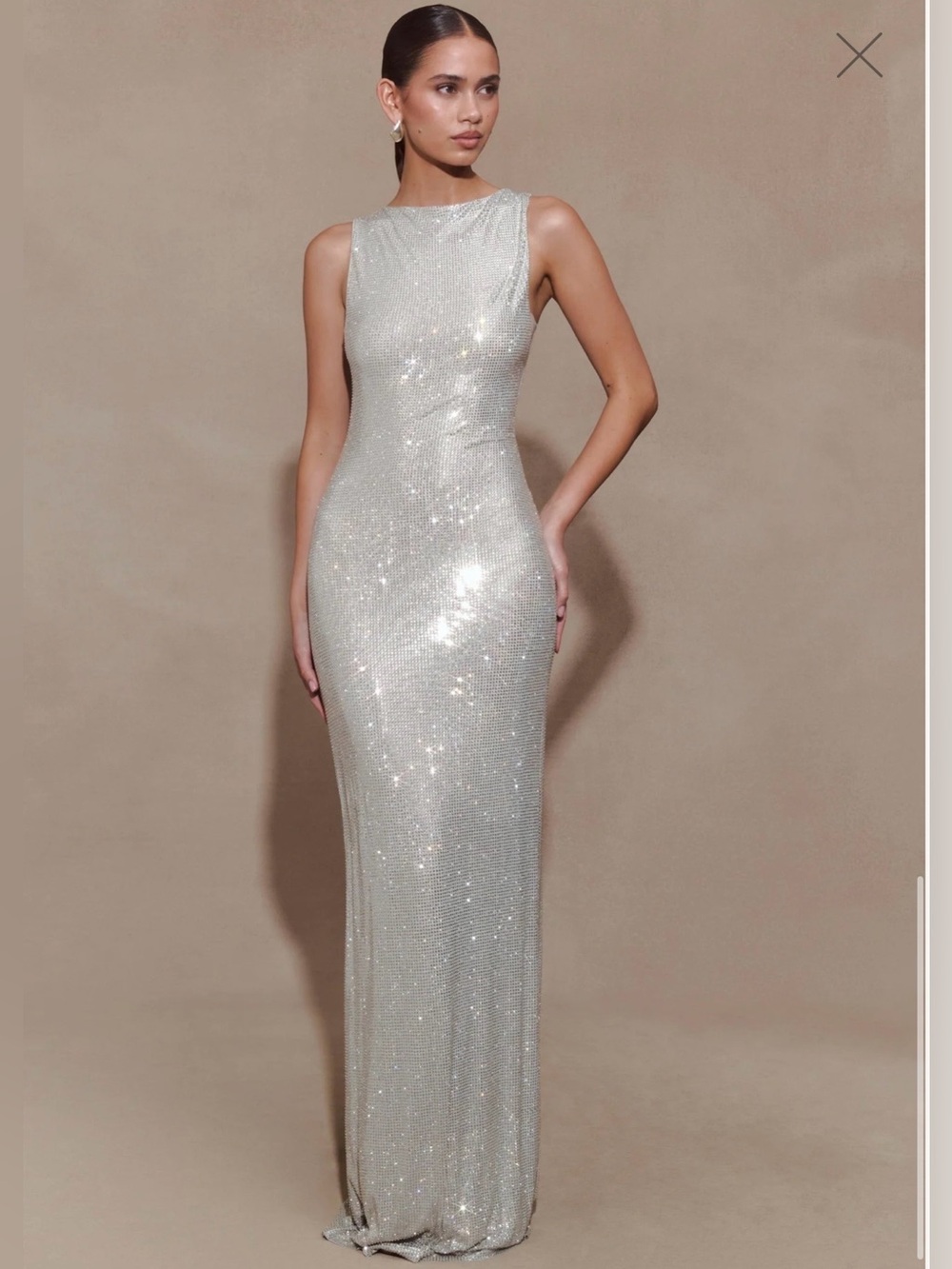 Meshki Sleeveless Sequin Maxi Gown in Champagne Silver